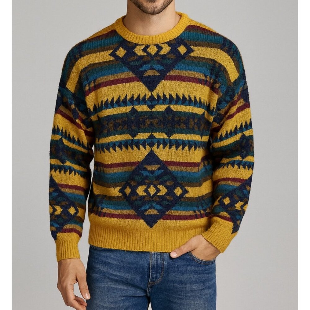 Vintage Tom Tailor Wool Blend Sweater M Made in Italy Geometric Aztec‎ Knit 90s